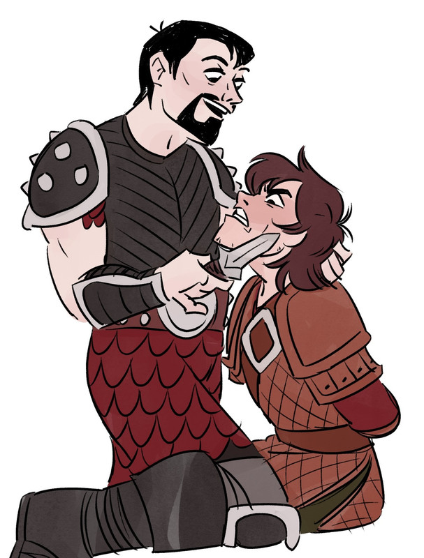 Viggo calmly holds a knife to Hiccup's chin, while holding the back of his hair. Hiccup, who has his hands tied behind his back, grits his teeth and looks angry.