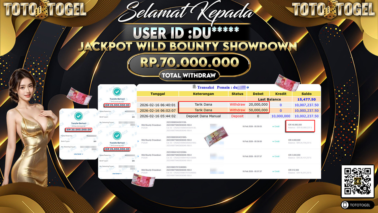 Bukti Pembayaran Jackpot Permainan Slot Wild Bounty Showdown ID:DU*****LUNAS