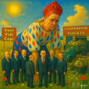 The same old woman kneels beside a building labeled “Cooperative Putin & Co” with a banner: “Veni. Vidi. Cepi.”