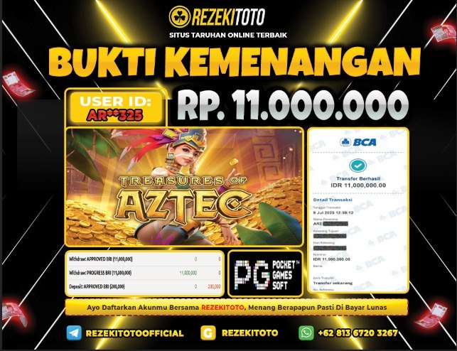 BUKTI KEMENANGAN 09 JULI 2025 TREASURES OF AZTEC 11 JUTA 