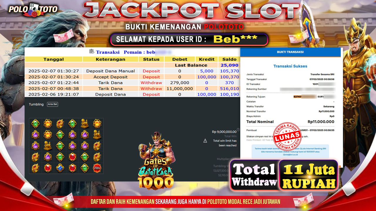 POLOTOTO JACKPOT SLOT GATES OF GATOTKACA 1000 Rp.11,000.000,-