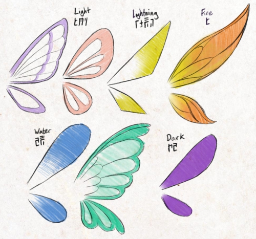 A sketch of seven types of Fairy wings as depicted in Hyrule Warriors with labels in Hylian and English. Two are Light Fairy wings, shaped like butterfly wings in purple and pink pastel colors. One is Lightning, yellow and triangular. One is Fire, orange and shaped like a candle flame. Two are Water, the blue one taking the appearance of a simple raindrop, the more ornate teal appearing like a splash of water. The last, Dark, has a simple convex shape.