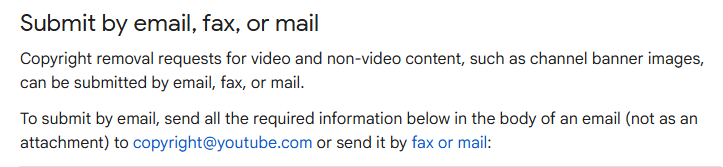 A cropped screenshot of a YouTube help page urging users to email them about copyright issues