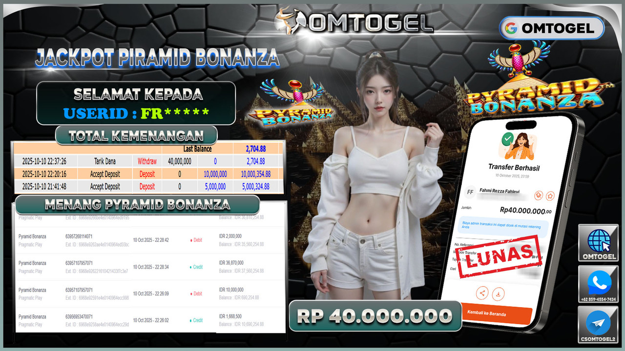 OMTOGEL JACKPOT PRAGMATIC PLAY PYRAMID BONANZA 40 JUTA DI BAYAR LUNAS ,-