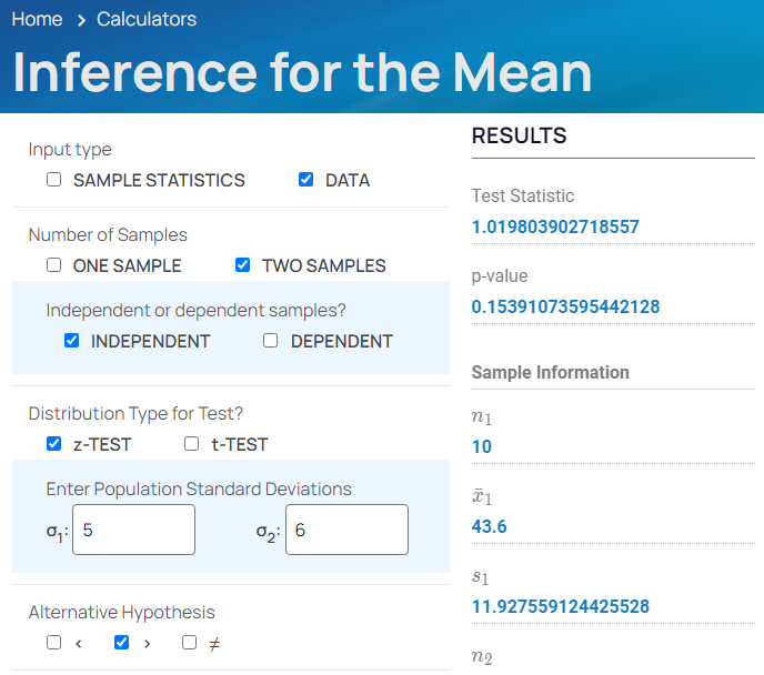 Inference for the Mean Calculator @rsubedi.com - top half