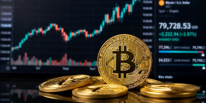 صورة توضيحية لعملة بيتكوين الذهبية أمام شاشة تداول
