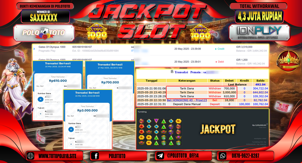 POLOTOTO JACKPOT SLOT GATES OF OLYMPUS 1000 Rp.4.310.000,-