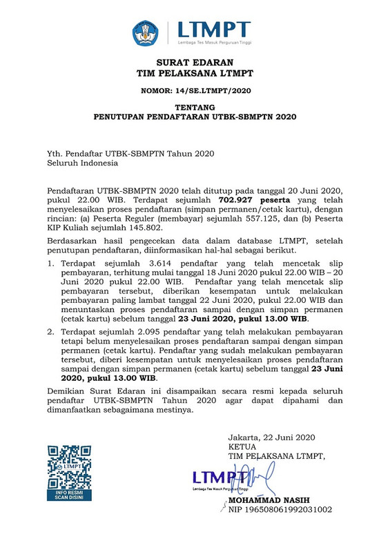 Surat Edaran Perpanjang Cetak Kartu UTBK 2020