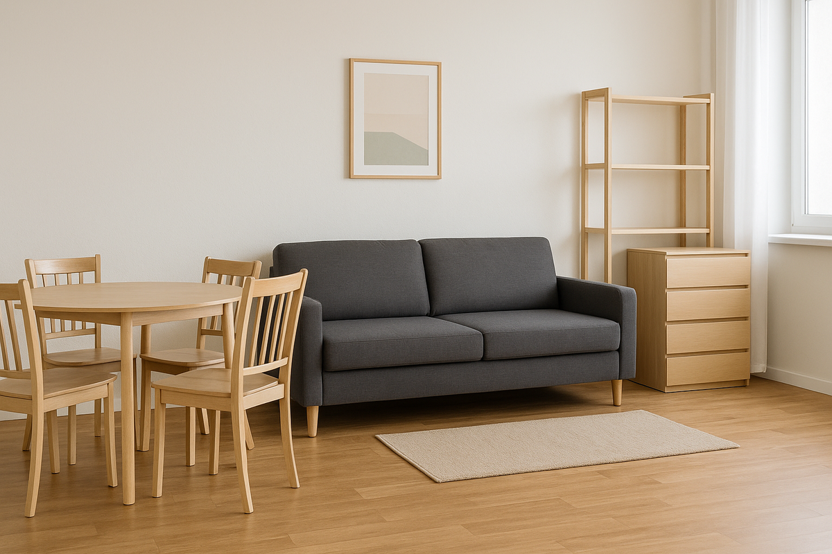 Базовый комплект арендной мебели: диван-кровать, стол, стулья, комод и открытые полки для съёмной квартиры