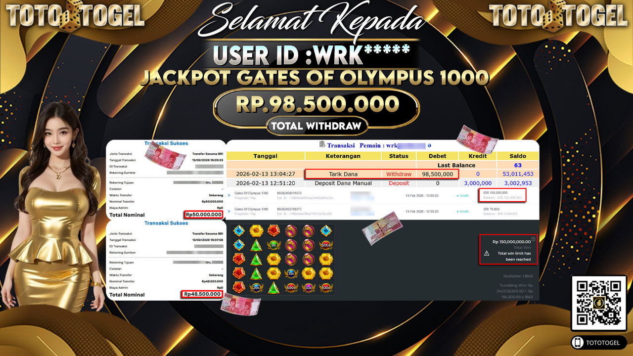Bukti Pembayaran Jackpot Permainan Slot Gates Of Olympus 1000 ID:WRK*****LUNAS