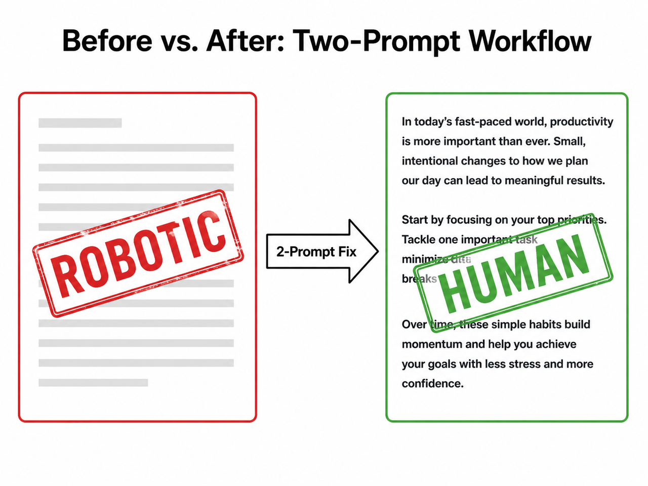 Claude SEO content writing natural tone two-prompt workflow before and after