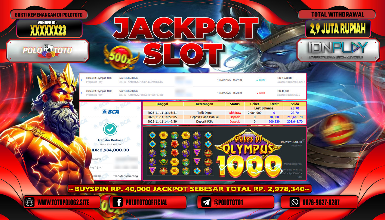 POLOTOTO JACKPOT SLOT GATES OF OLYMPUS 1000 Rp.2.900.000,- LUNAS