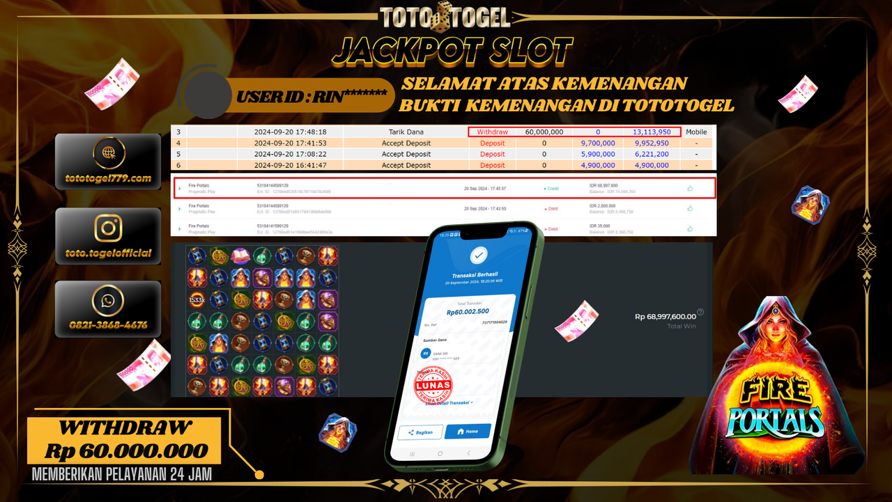 Bukti Kemenangan Permainan Slot Fire Portals Dengan ID : RIN***** Terbayar Lunas!!