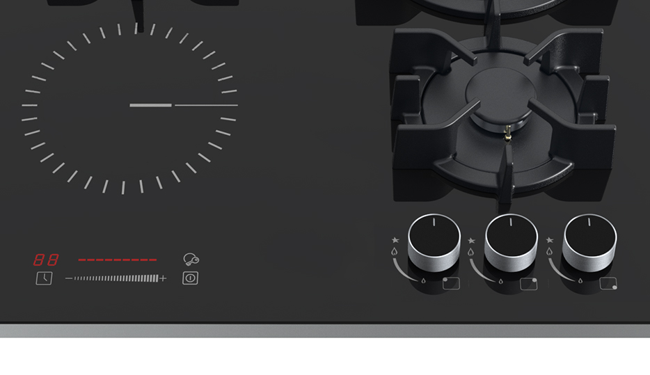 Estufa Híbrida Drija Sicilia Touch 60 con quemadores de gas y placa radiante eléctrica.