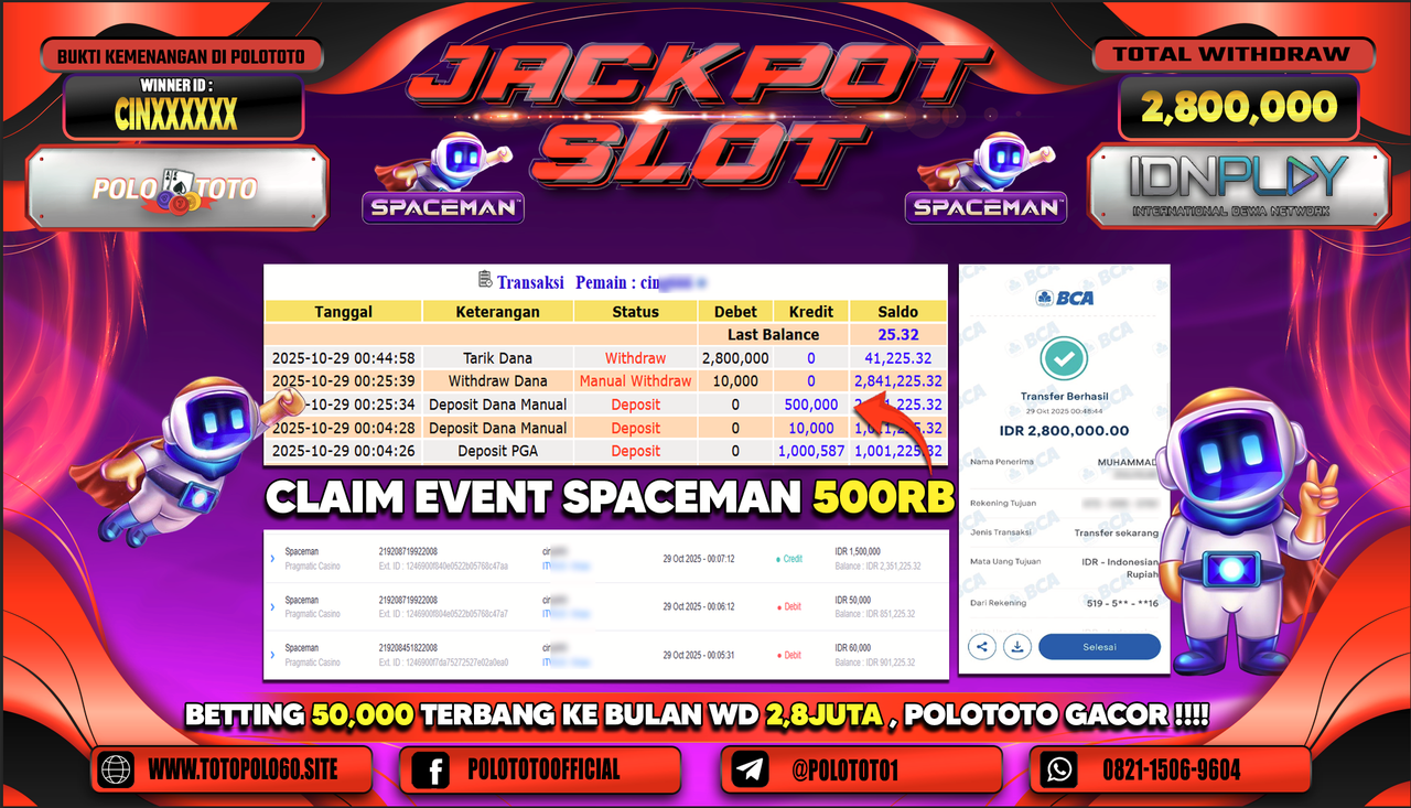 POLOTOTO JACKPOT SLOT SPACEMAN Rp.2.800.000,- LUNAS