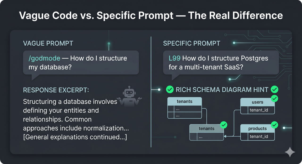 Claude secret prompt codes before and after comparison — vague vs specific prompt