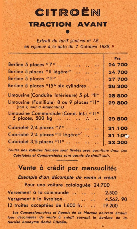 Tarif gamme 1938