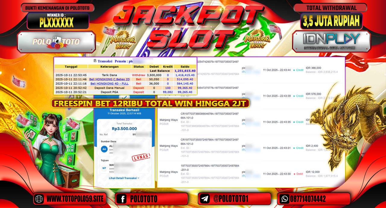 POLOTOTO JACKPOT SLOT MAHJONG WAYS  Rp.3.500.000,- LUNAS
