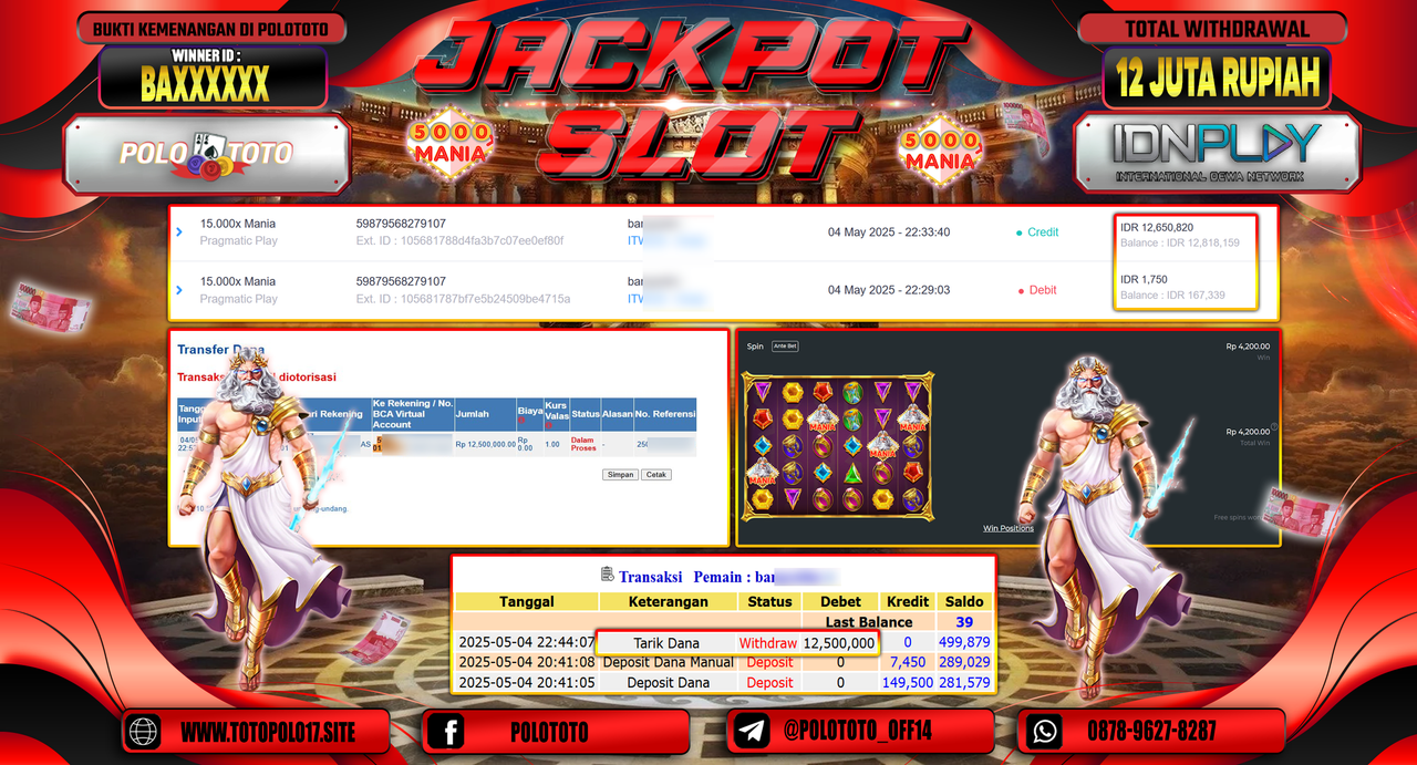 POLOTOTO JACKPOT SLOT 15.000X MANIA Rp.12.500.000,-
