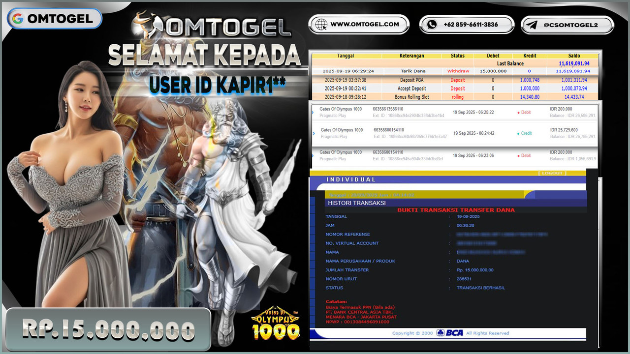 OMTOGEL JACKPOT PRAGMATIC PLAY GATES OF OLYMPUS 1000 15 JUTA DI BAYAR LUNAS ,-