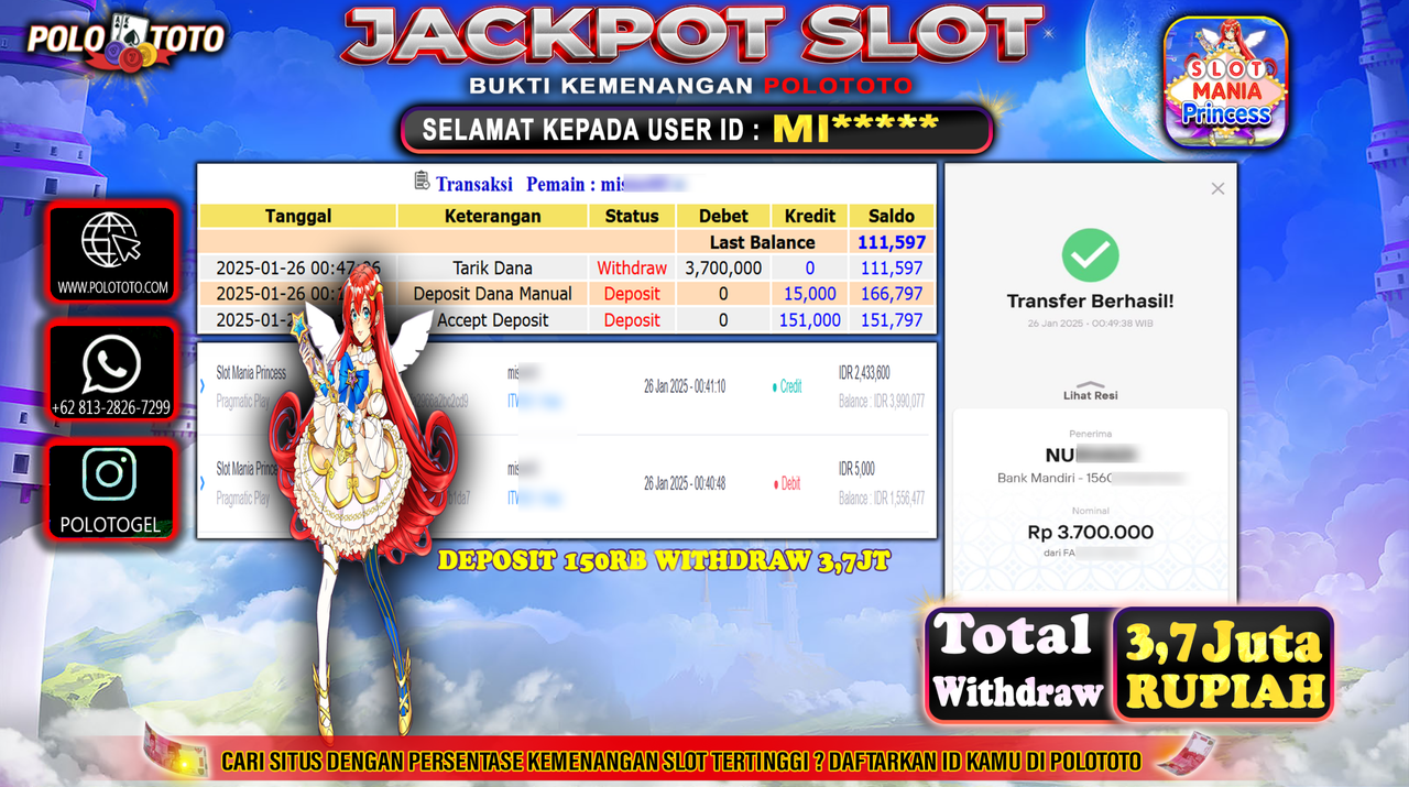 POLOTOTO JACKPOT SLOT MANIA PRINCESS Rp.3,700.000,-