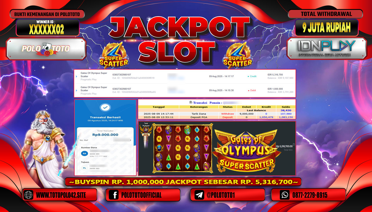 POLOTOTO JACKPOT SLOT GATES OF OLYMPUS SUPER SCATTER Rp.9.000.000,-LUNAS
