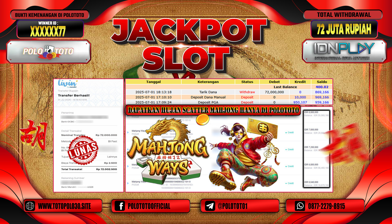 POLOTOTO JACKPOT SLOT MAHJONG WAYS 2 Rp.72.000.000,- LUNAS