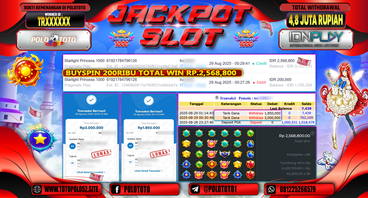 POLOTOTO JACKPOT SLOT STARLIGHT PRINCESS 1000 Rp.4.850.000,- 