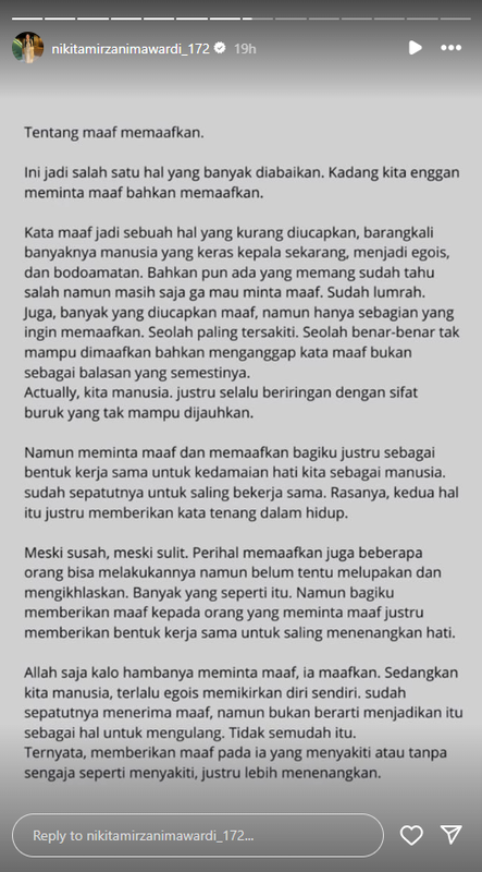 Nikita Mirzani unggah soal tulisan maaf usai diduga putus dari sang kekasih.