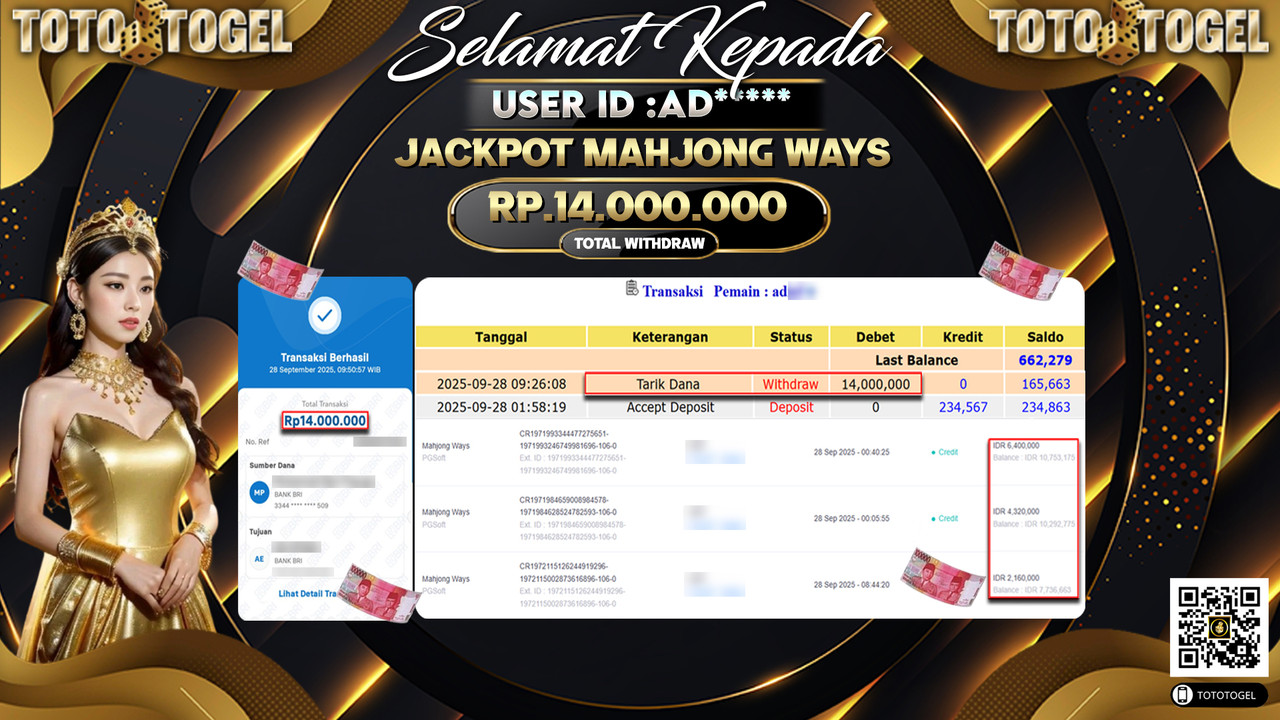 Bukti Pembayaran Jackpot Permainan Slot Mahjong Ways ID:AD*** LUNAS
