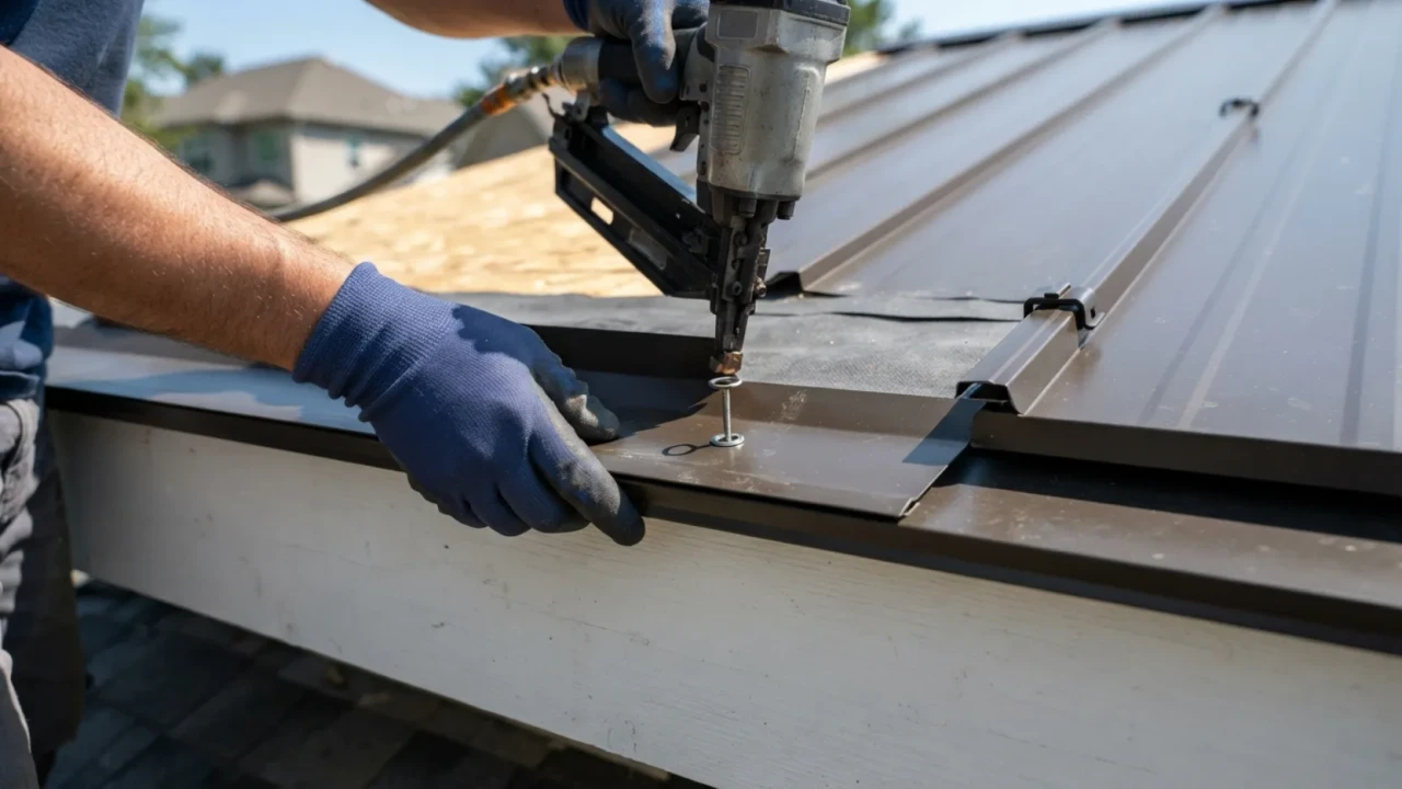 Metal roof flashing and drip edge installation San Antonio TX showing trim accessories