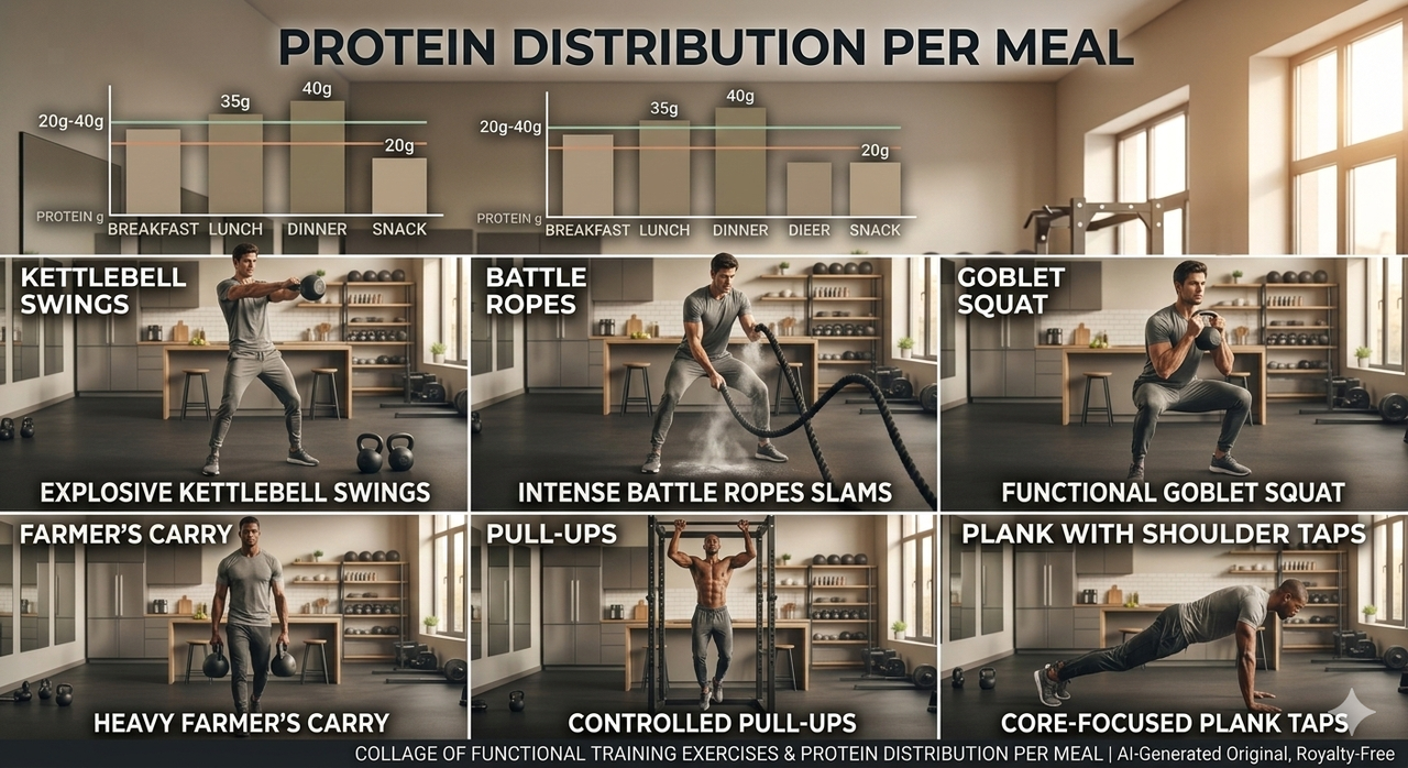 Protein per meal chart showing optimal distribution for bodybuilding and functional training nutrition with food examples