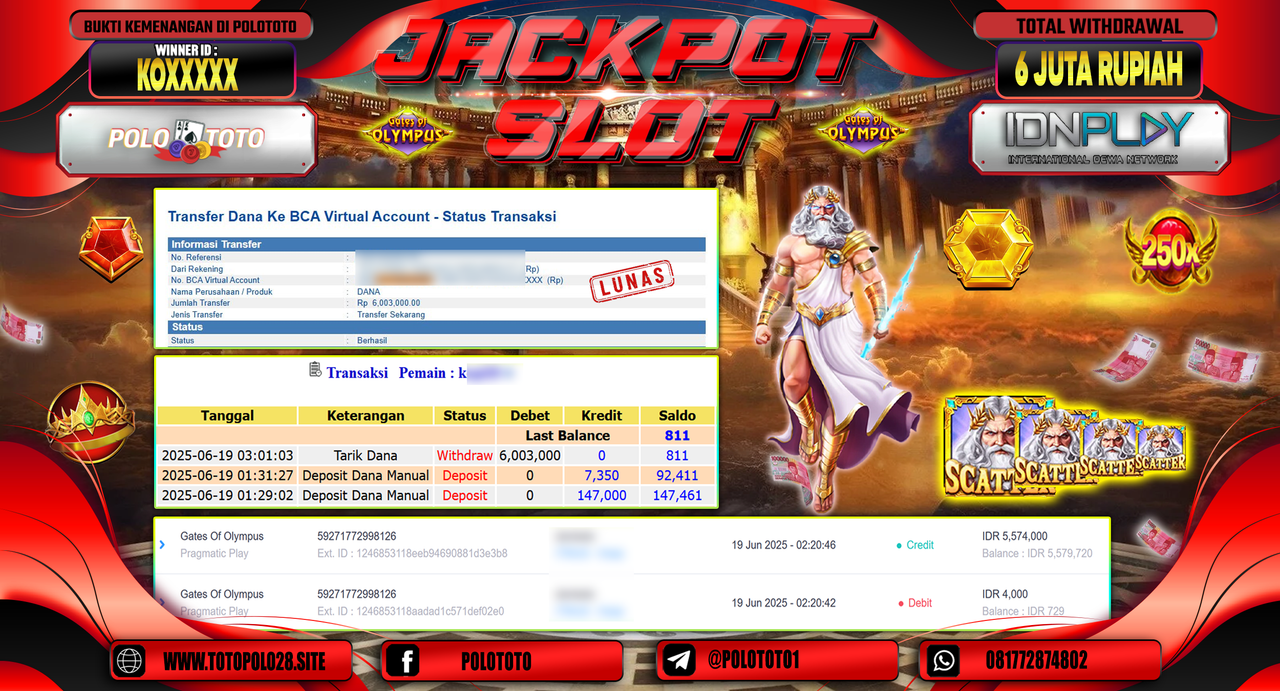 POLOTOTO JACKPOT SLOT GATES OF OLYMPUS Rp.6.003.000,-