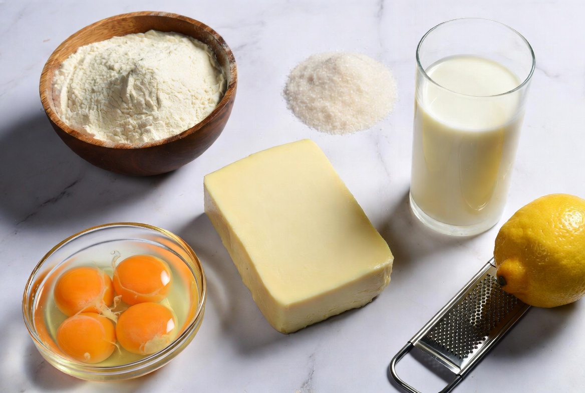 Overhead view of ingredients for japanese cheesecake recipe including cream cheese, eggs, and flour