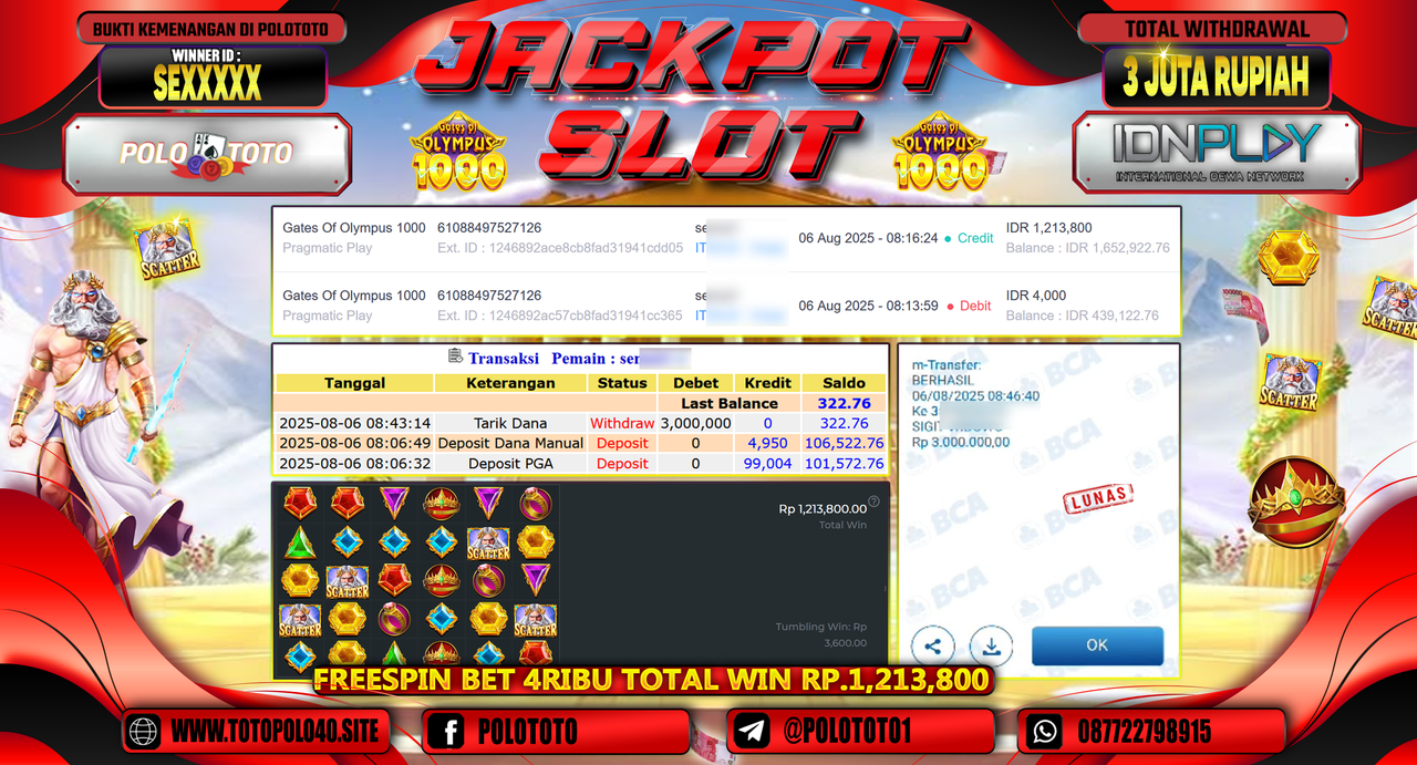 POLOTOTO JACKPOT SLOT GATES OF OLYMPUS 1000 Rp.3.000.000,-LUNAS