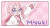 A pink stamp of Miyuki from Lucky star with purple text that pops up letter by letter to spell her name Miyuki