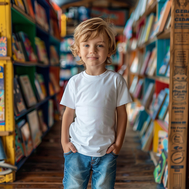 Copil imbracat in tricou simplu alb este la scoala intr-o biblioteca cu multe carti