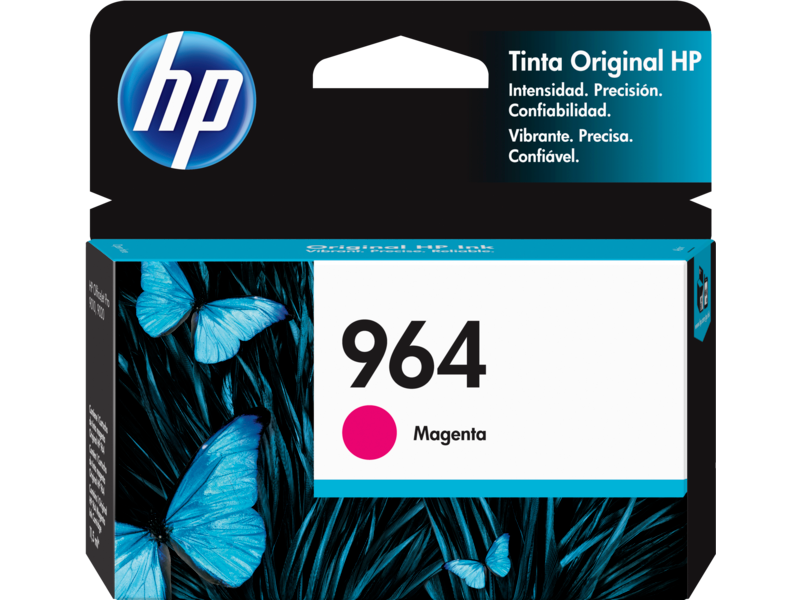 Cartucho de tinta original de rendimiento estándar HP 964 en color magenta.