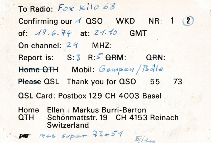 QSLs 27 Mhz de stations Suisses. QSL-BUBU62-CH-06-74-vers