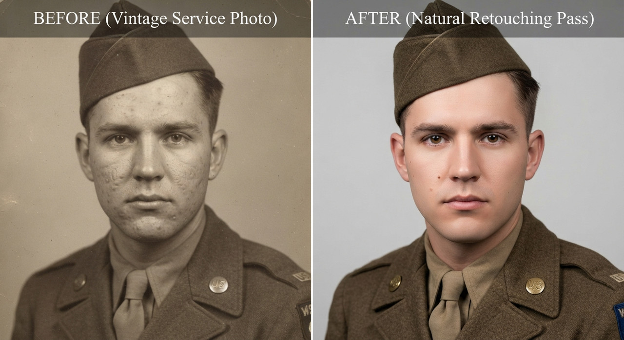 AI-generated example result for the upscaling prompt: Flawless Skin Portrait Retouch Old Image to New Image by Prompt Craft