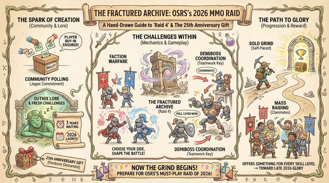 OSRS 4th Raid Revealed: The Fractured Archive Arrives Late 2026 - Toughest Challenge Yet 1 Epic fantasy raid battle scene representing OSRS Fractured Archive
