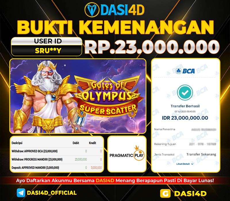 BUKTI KEMENANGAN 07 JULI 2025 DI GATES OF OLYMPUS SUPER SCATTER RP 23.000.000
