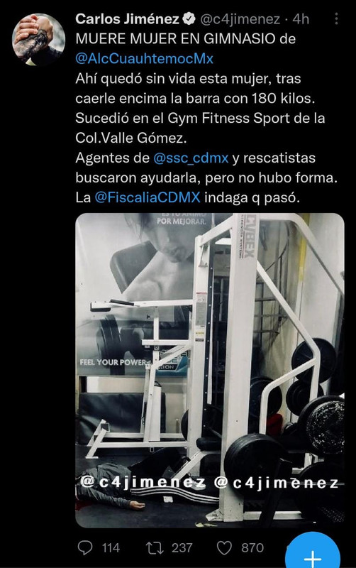 Mujer muere al caerle una barra de 180 kilos en un gym de la CDMX