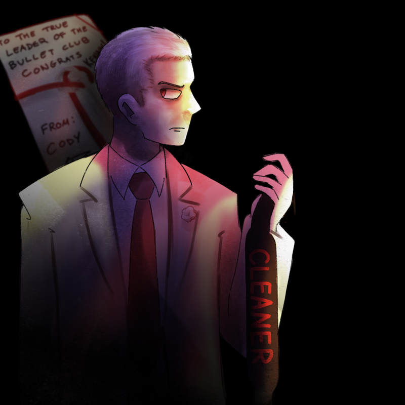 a drawing of cody rhodes in dramatic lighting. he is frowning and holding a black belt that says cleaner on it in red letters. there is a red and white card behind him that reads 'to the true leader of the bullet club congrats kenny! from cody.' the background is black.