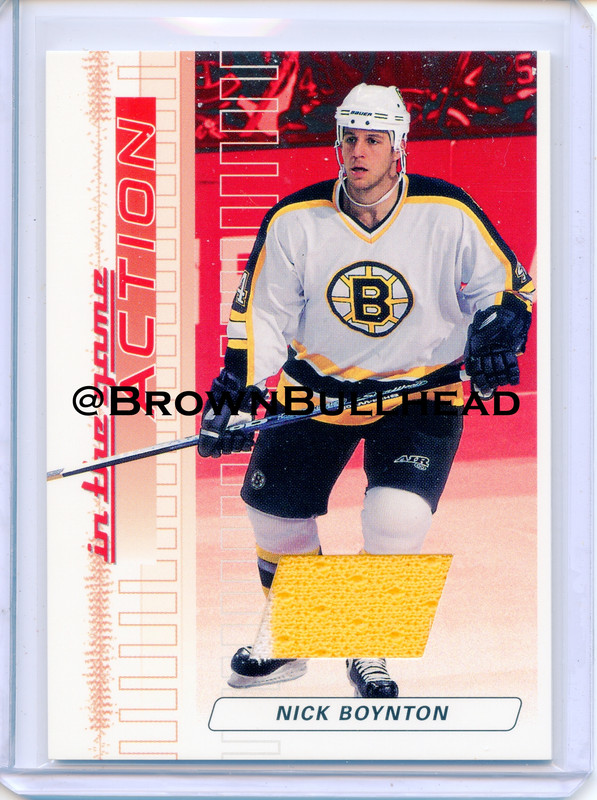 2003-04 ITG Action Jerseys #M-008 [Nick Boynton] [Boston Bruins] [Ruby] [~500] [swatch=white yellow]