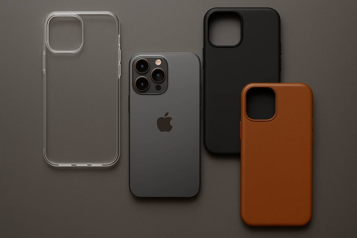 Professional flat lay showing iPhone 16 Pro with 3 phone cases arranged around it