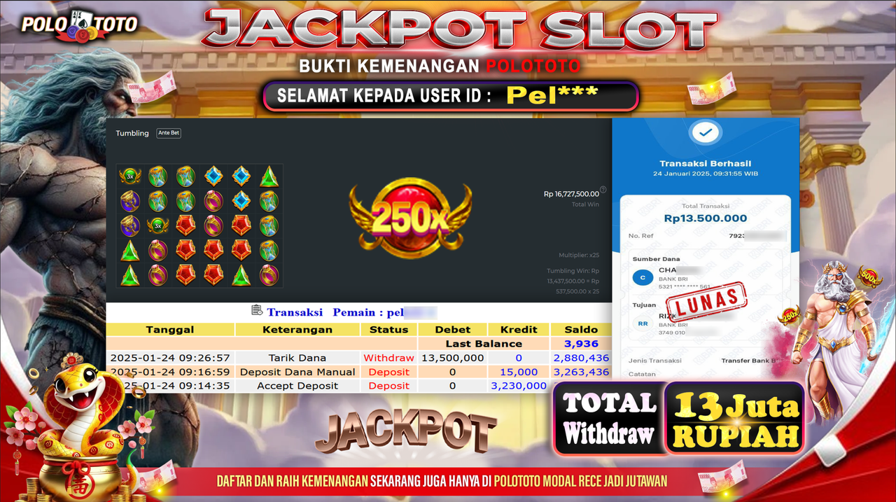 POLOTOTO JACKPOT SLOT GATES OF OLYMPUS 1000 Rp.13,500.000,- 