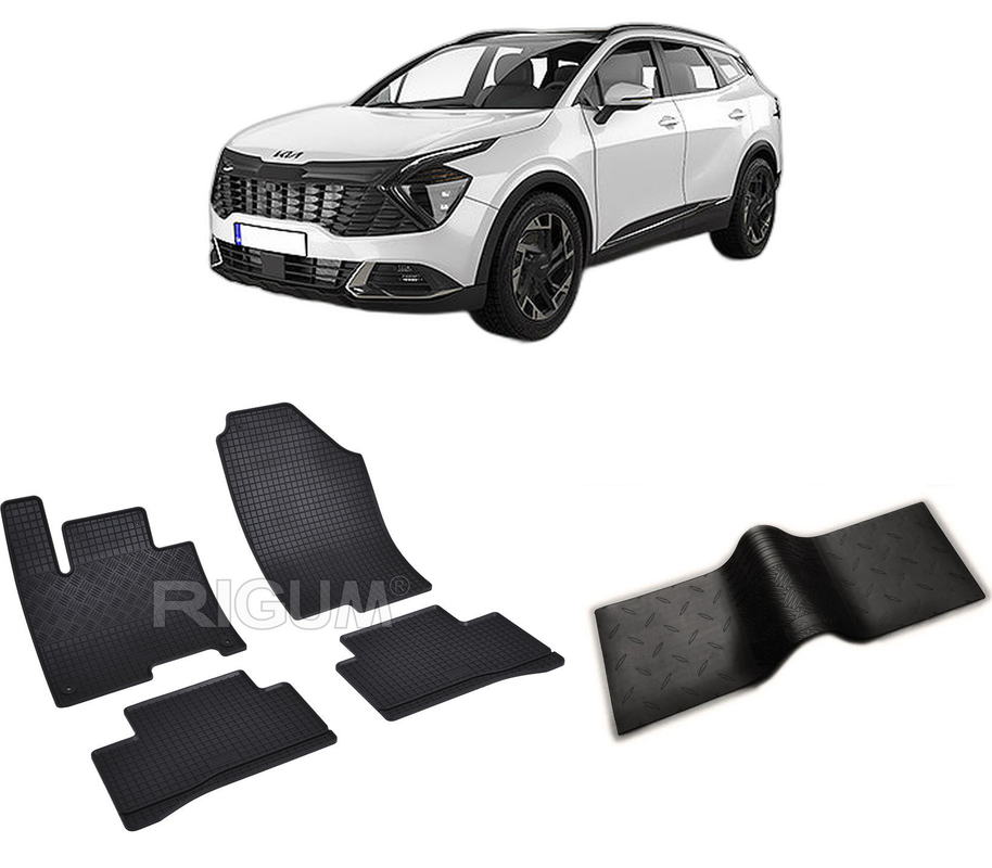 Set covorase auto KIA SPORTAGE V din 2022-PREZENT, cu covoras tunel median, CAROSERIE SUV, Presuri cauciuc 100%, compatibil cu autoturismul KIA SPORTAGE V, Rigum