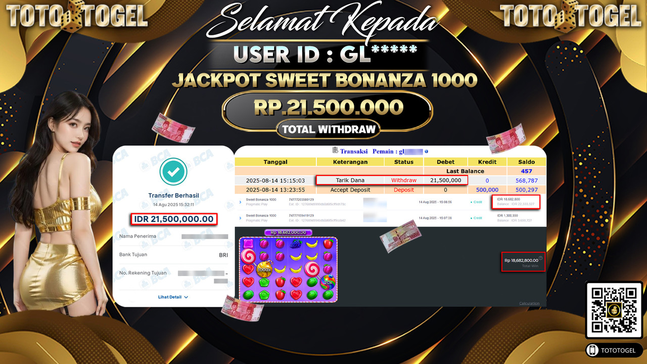 Bukti Pembayaran Jackpot Permainan Slot Sweet Bonanza 1000 ID:GL***** LUNAS