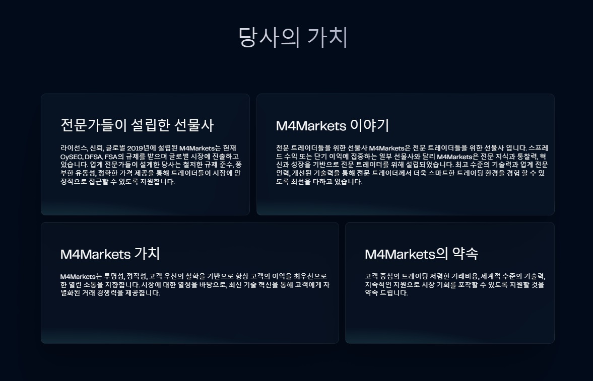 전문가, 투명성, 스토리 및 고객 약속이 포함된 M4Markets 핵심 가치 정보.